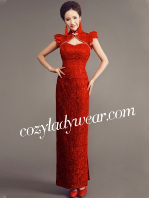 Red Ankle-length Lace Cheongsam / Qipao Wedding Dress with Key Hole