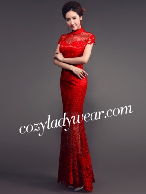 Red Fishtail Cheongsam / Qipao Wedding Dress with Sheer Lace Panels