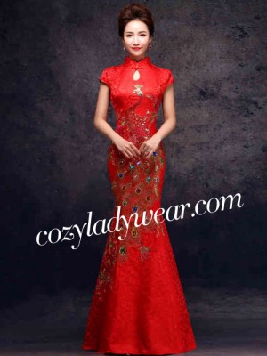 Red Ankle-length Phoenix Cheongsam /Qipao / Chinese Wedding Dress