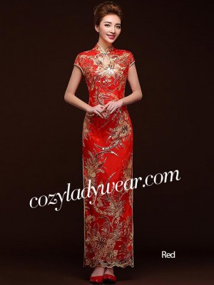 Ankle-length Sequins Floral Cheongsam / Qipao Evening Dress