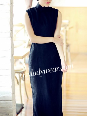 Black Tea-Length Linen Qipao / Cheongsam Dress