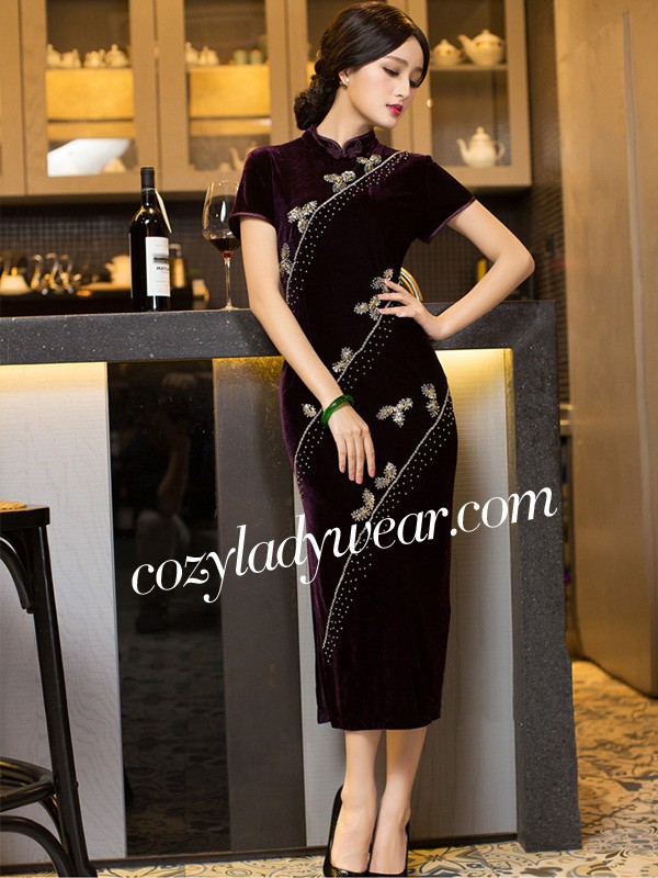 Purple Sequins Velour TeaLength Qipao / Cheongsam Dress CozyLadyWear