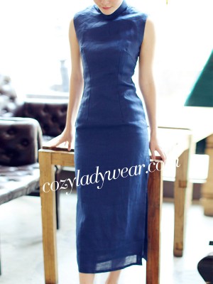 Blue Tea-Length Linen Qipao / Cheongsam Dress