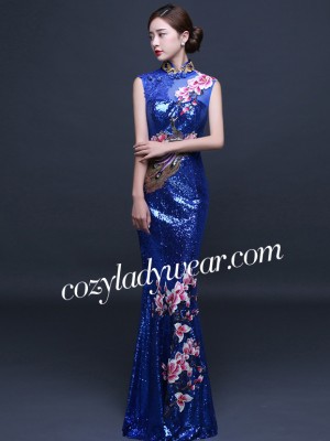 Embroidered Sequin Qipao / Cheongsam Gown, Magnolia Blossom