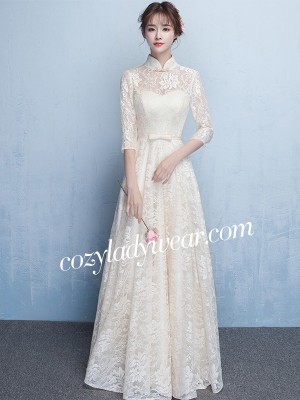 Beige Lace Maxi Qipao / Cheongsam Dress with Tulle Skirt