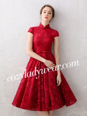 Wine Red A-Line Lace Qipao / Cheongsam Wedding Dress