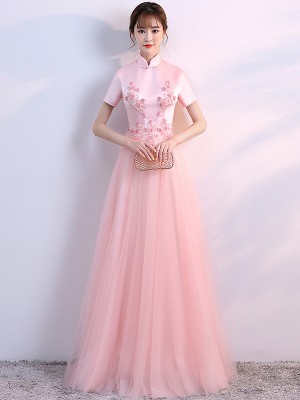 Pink Bridesmaids Appliques Qipao / Cheongsam Wedding Dress with Tulle Skirt