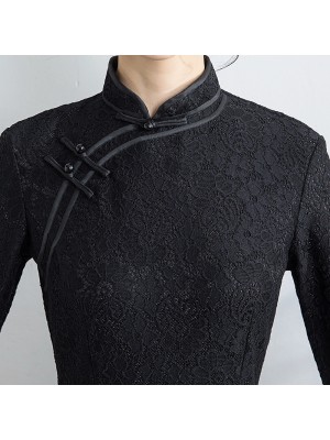 Black Lace Long Qipao / Cheongsam Dress with Split