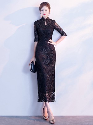 Black Embroidered Overlay Qipao / Cheongsam Dress with Split