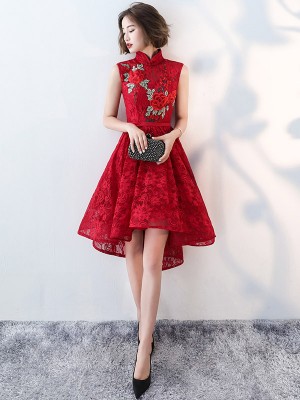 Red Lace Embroidered Qipao / Cheongsam Evening Dress with Dip Hem