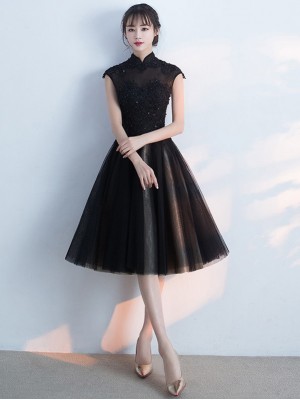Black Midi Qipao / Cheongsam Evening Dress with Tulle Skirt