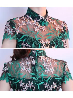 Green Embroidered A-Line Qipao / Cheongsam Party Dress