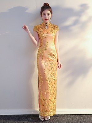 Pink Sequined Long Qipao / Cheongsam Evening Dress