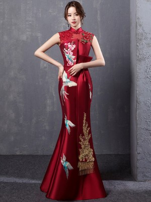 Wine Red Embroidered Fishtail Qipao / Cheongsam Evening Dress