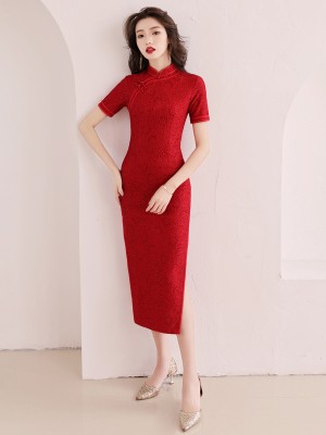 Red Lace Long Qipao / Cheongsam Party Dress with Slit