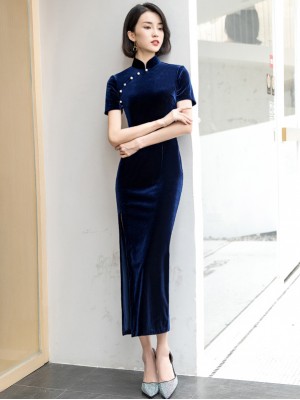 Royal Blue Velvet Qipao / Cheongsam Dress with Thigh Split