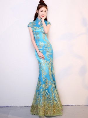 Red Blue Sequined Mermaid Chinese Qipao / Cheongsam Dress