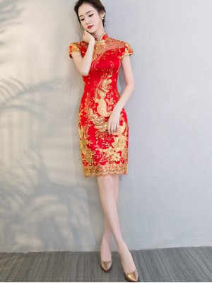 Red Embroidered Mesh Overlay Qipao / Cheongsam Wedding Dress