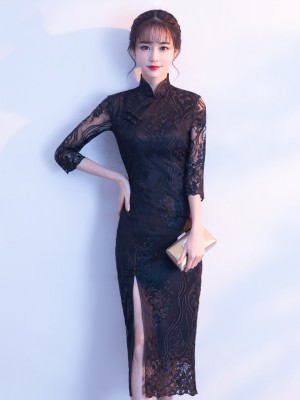 Black Embroidered Split Front Qipao / Cheongsam Evening Dress