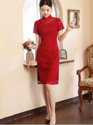 Wine Red Lace Midi Engagement Qipao Cheongsam Dress