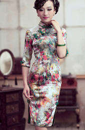 3/4 Sleeves Mid Floral Silk Qipao / Cheongsam / Chinese Dress for Winter