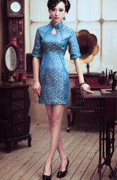 Blue Floral Short Silk Qipao / Cheongsam / Chinese Evening Dress