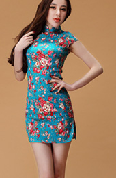 Blue Short Floral Stretchy Linen Qipao / Cheongsam Dress