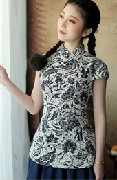 Qipao / Cheongsam Shirt with Blue-and-White Print