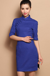 Blue Custom Tailored Linen Qipao / Cheongsam Dress