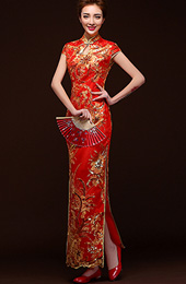 Ankle-length Sequins Floral Cheongsam / Qipao Evening Dress