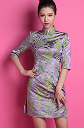 Purple Floral Custom Tailored Silk Qipao / Cheongsam Dress