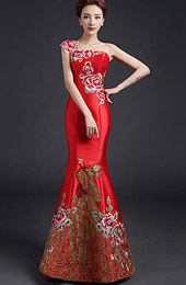 Custom Tailored One Shoulder Fishtail Qipao / Cheongsam Dress with Floral & Phoenix Embroidery