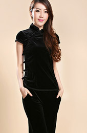 Black Stretchy Velour Mandarin Collar Qipao / Cheongsam Shirt