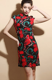 Contrast Stretchy Linen Qipao / Cheongsam Dress in Bird Print