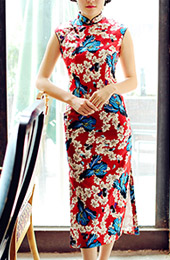 Red Floral Linen Qipao / Cheongsam Dress