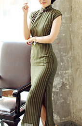 Green Ankle-Length Qipao / Cheongsam Dress in Stripe Chiffon