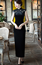 Black Velour Ankle-Length Qipao / Cheongsam Dress with Split