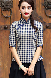 Plaid Qipao / Tang Shirt with Half Sleeve