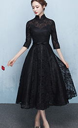 Black Lace Ankle-Length Qipao / Cheongsam Dress with Tulle Skirt