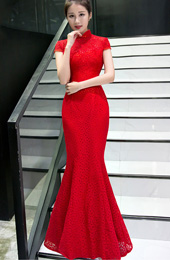 Delicate Red Lace Fishtail Qipao / Cheongsam Wedding Dress