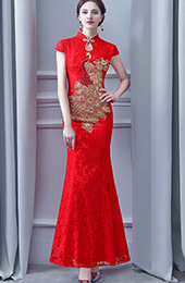 Red Lace Long Phoenix Qipao / Cheongsam Wedding Dress