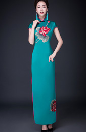 Green Ankle-Length Qipao / Cheongsam Dress in Lotus Print