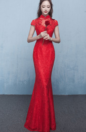 Red Lace Fishtail Qipao / Cheongsam Gown in Sequins