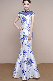 White and Blue Floral Print Qipao / Cheongsam Formal Dress
