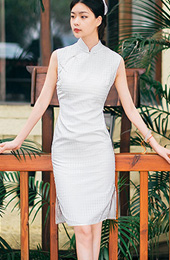 White Grid Qipao / Cheongsam Dress in Organza