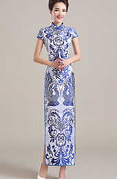Long Qipao / Cheongsam Party Dress in Blue and White Phoenix