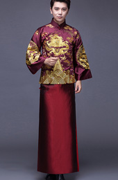 2-Piece Embroidered Men's Chinese Wedding Suit, Jacket & Gown