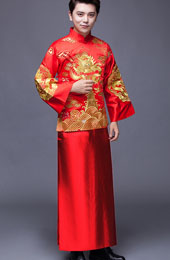 Red Embroidered Men's Chinese Wedding Suit, Jacket & Gown