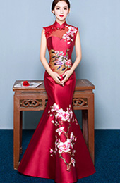 Wine Red Mermaid Qipao / Cheongsam Dress with Floral Embroidery