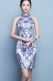 Halter Qipao / Cheongsam Dress in Blue and White Pattern